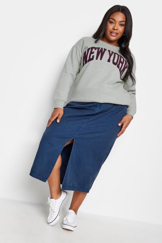 YOURS Plus Size Light Grey 'New York' Embroidered Slogan Sweatshirt | Yours Clothing 2