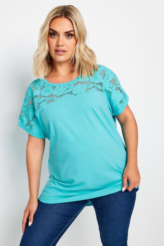 YOURS Plus Size Blue Floral Mesh Panel T-Shirt | Yours Clothing 1