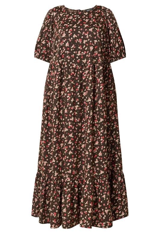 YOURS Plus Size Brown Ditsy Floral Smock Maxi Dress | Yours Clothing 5