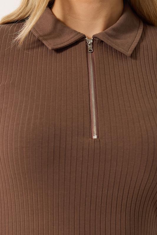 LTS Tall Women's Chocolate Brown Half Zip Ribbed Cotton Collared Top | Long Tall Sally 5