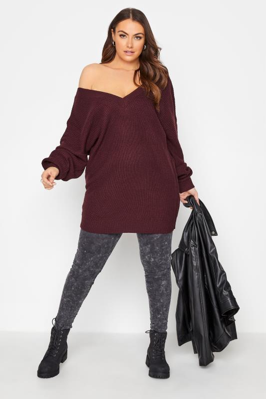 Plus Size Curve Berry Red V-Neck Knitted Jumper | Yours Clothing 2