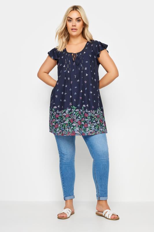YOURS Plus Size Navy Blue Floral Butterfly Print Blouse | Yours Clothing 2
