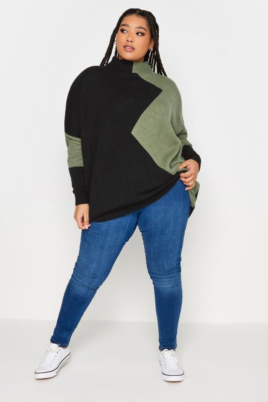 YOURS Plus Size Black & Sage Green Colourblock Knitted Jumper | Yours Clothing 2