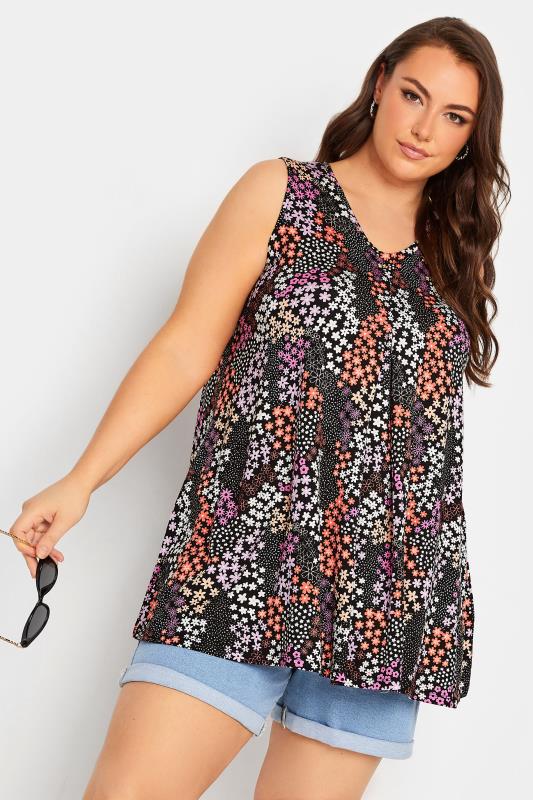 YOURS Plus Size Black Ditsy Print Pleat Front Vest Top | Yours Clothing 1