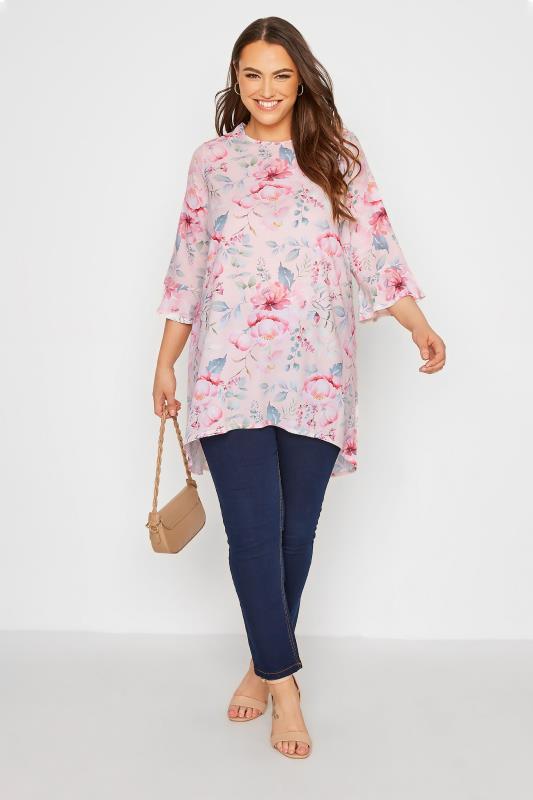 YOURS LONDON Plus Size Pink Floral Flute Sleeve Tunic Top | Yours Clothing 2