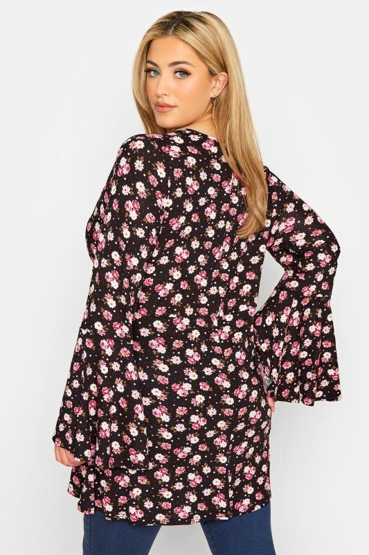 LIMITED COLLECTION Plus Size Black Floral Print Flare Sleeve Wrap Top | Yours Clothing 3