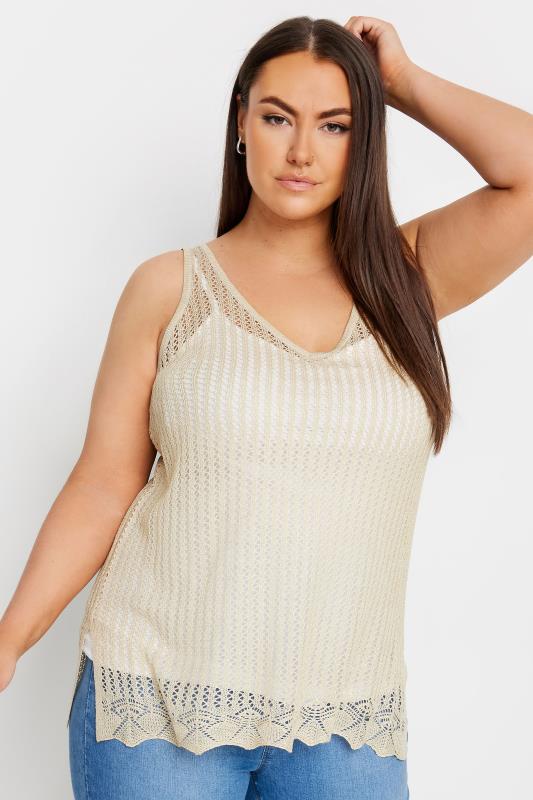 YOURS Plus Size Gold Metallic Crochet Vest Top | Yours Clothing 2