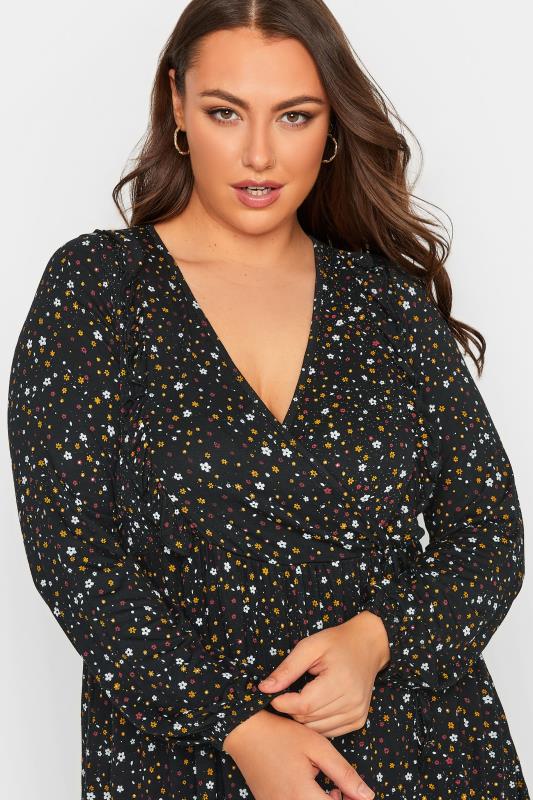 Plus Size Black Floral Front Frill Wrap Top | Yours Clothing 4