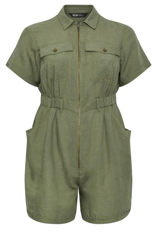 YOURS Plus Size Khaki Green Linen Look Utility Playsuit | Yours Clothing 6