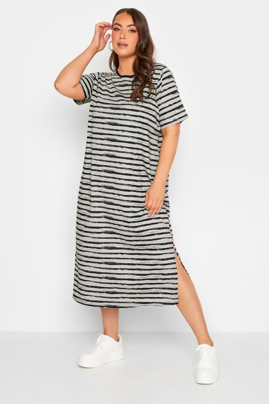 YOURS Plus Size Grey Stripe Maxi T-Shirt Dress | Yours Clothing 1