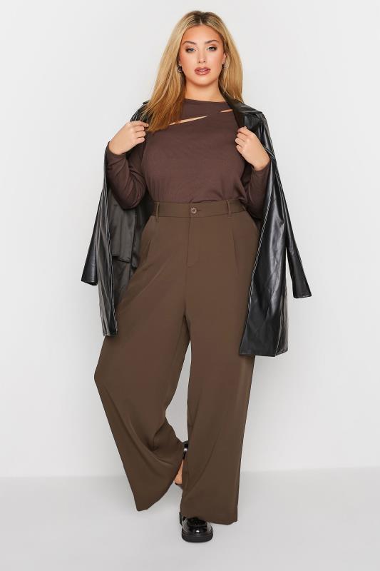Curve Chocolate Brown Wide Leg Dad Trousers | Yours Clothing 2