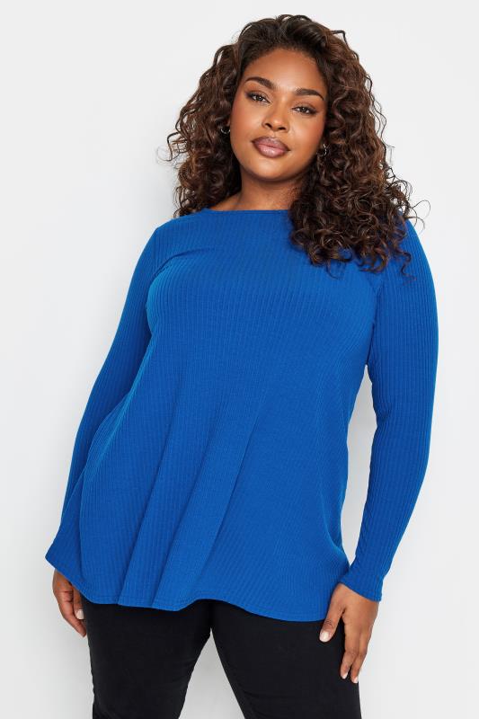 YOURS Plus Size Cobalt Blue Long Sleeve Ribbed Swing Top | Yours Clothing 1