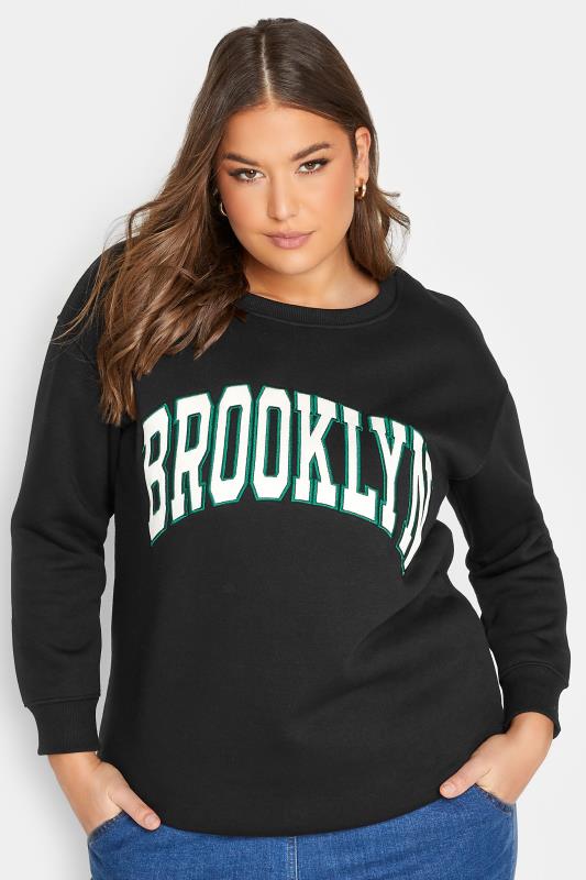 Plus Size Black 'Brooklyn' Slogan Sweatshirt | Yours Clothing 1