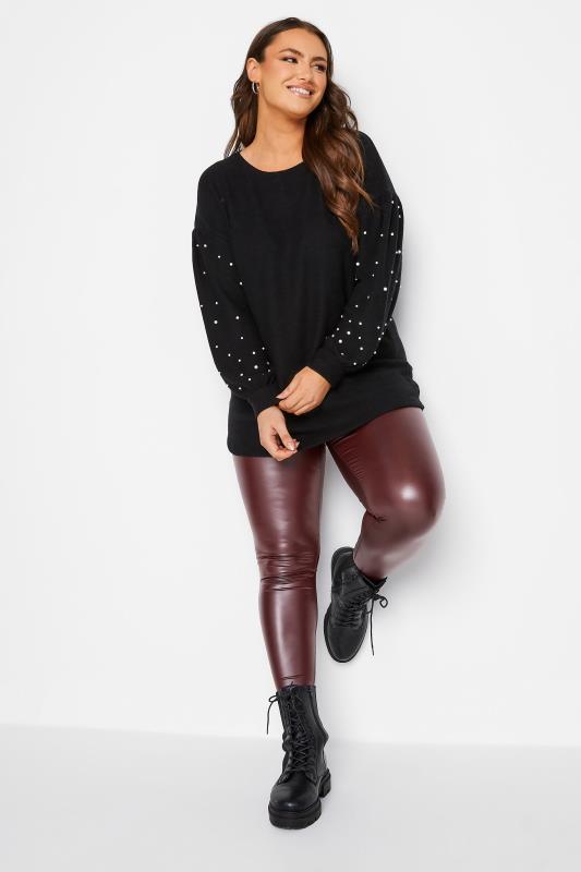 Plus Size Black Pearl & Diamante Embellished Sleeve Jumper | Yours Clothing  2
