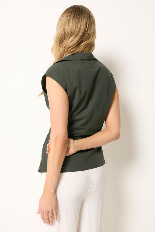 LTS Tall Women's Olive Green Open Collar Cotton Pleated Shirt | Long Tall Sally 2