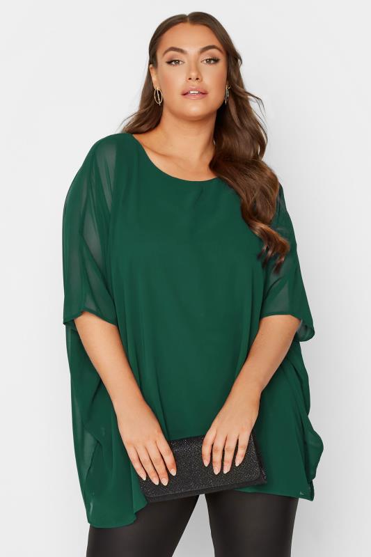 YOURS LONDON Plus Size Green Chiffon Cape Blouse | Yours Clothing 1