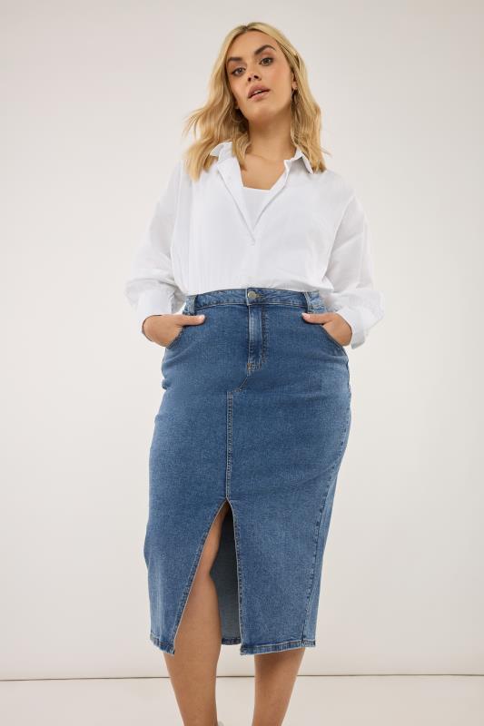 Plus Size  YOURS Curve Blue Midi Stretch Denim Skirt