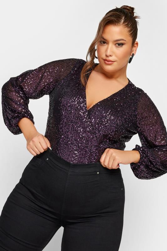 YOURS LONDON Plus Size Purple Sequin Embellished Wrap Bodysuit | Yours Clothing 1