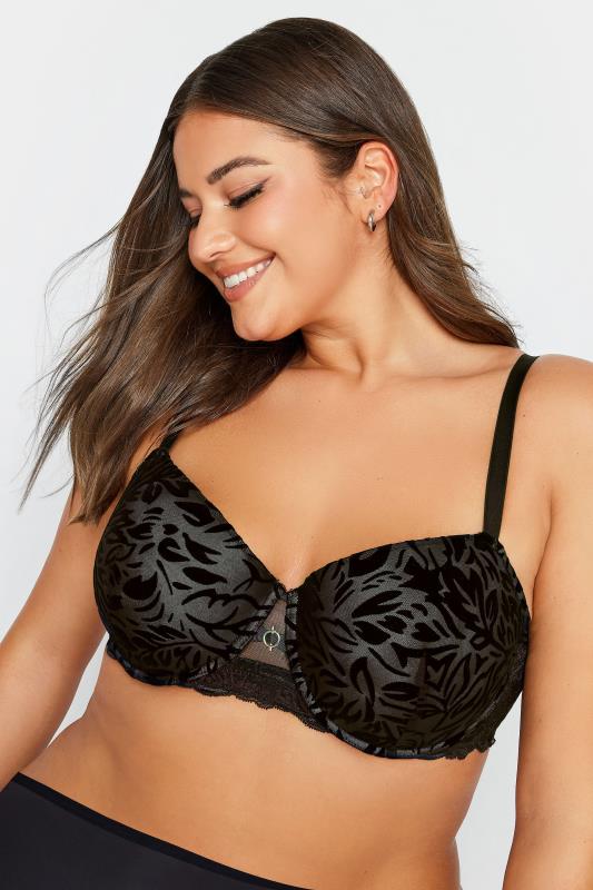 YOURS Curve Black Flocked Floral Mesh Padded Underwired T-Shirt Bra | Yours Clothing 1