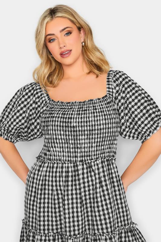 YOURS PETITE Plus Size Black Gingham Print Shirred Midaxi Dress | Yours Clothing 4