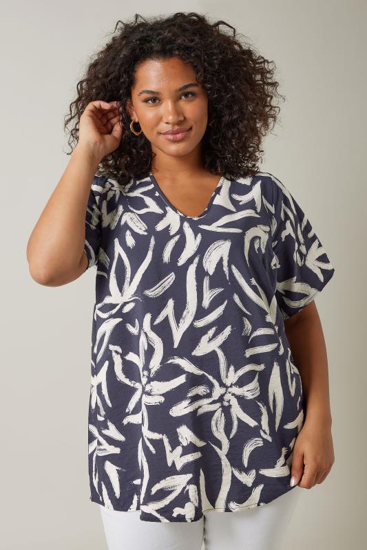 EVANS Plus Size Navy Blue Abstract Print Angel Sleeve Top | Evans 1