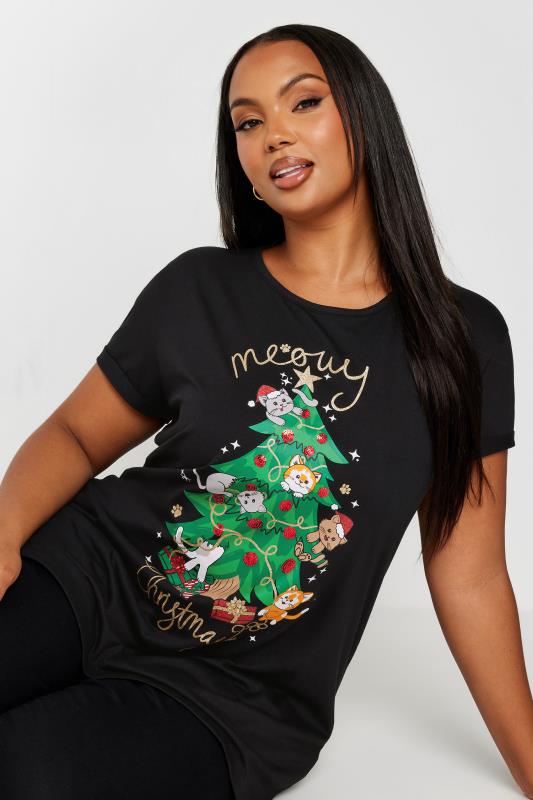 YOURS Plus Size Black 'Meowy Christmas' Slogan T-Shirt | Yours Clothing  1