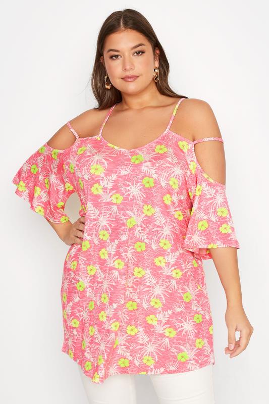 Plus Size Pink Floral Strappy Cold Shoulder Top | Yours Clothing 1