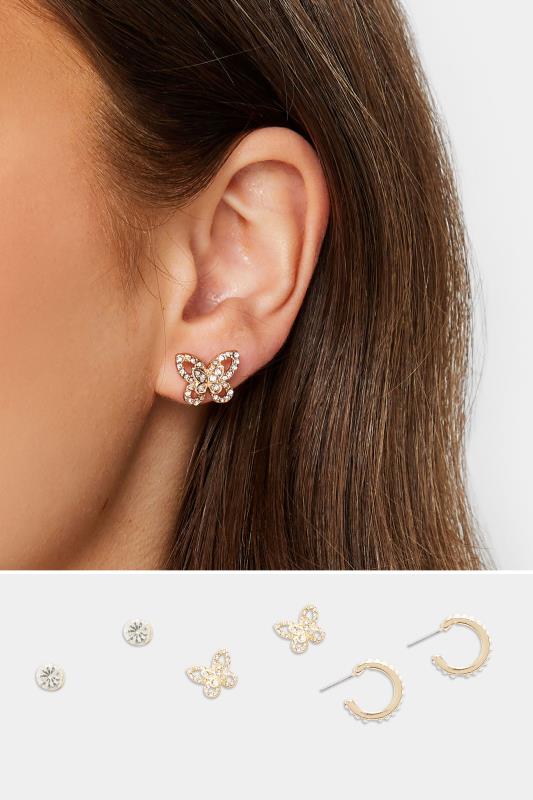 3 PACK Gold Butterfly Stud & Hoop Earrings Set | Yours Clothing  1