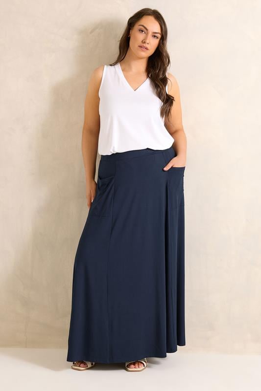 EVANS Plus Size Navy Blue Stretch Jersey Midaxi Skirt | Evans 1