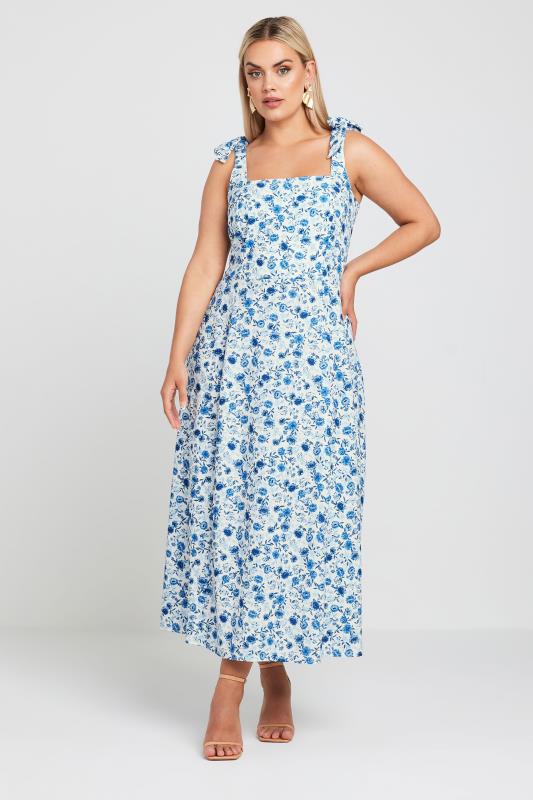LIMITED COLLECTION Plus Size Blue Floral Print Bow Strap Midaxi Dress | Yours Clothing 2