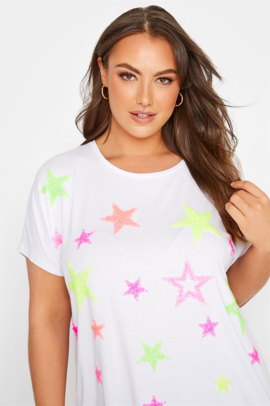 Curve White Star Embellished Drop Shoulder T-Shirt 4