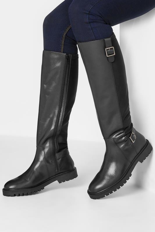 Tall  LTS Black Buckle Leather Knee High Boots In Standard D Fit
