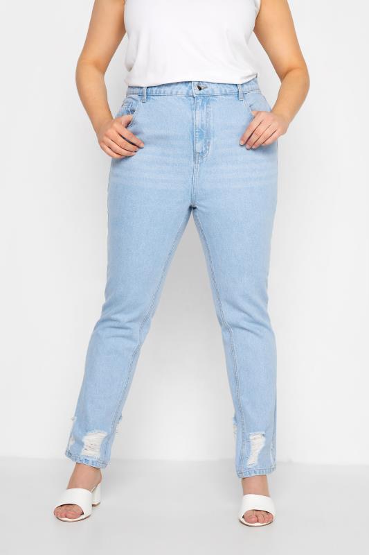 Plus Size  Curve Light Blue Ripped Hem Straight Leg Jeans