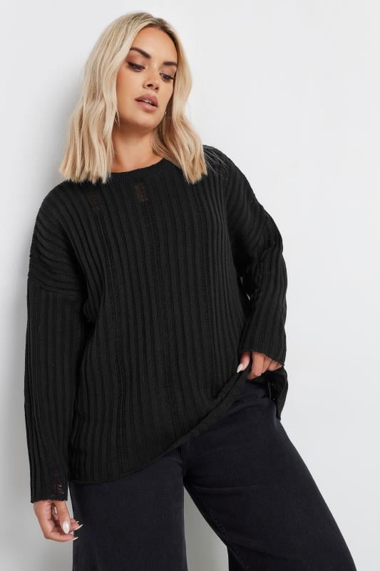 LIMITED COLLECTION Plus Size Black Ladder Stitch Knitted Jumper | Yours Clothing 2