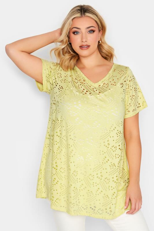 YOURS Curve Plus Size Yellow Broderie Anglaise Swing V-Neck T-Shirt | Yours Clothing  1