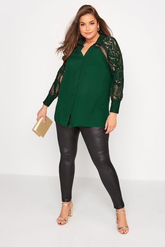 YOURS LONDON Plus Size Green Lace Sleeve Shirt | Yours Clothing 2