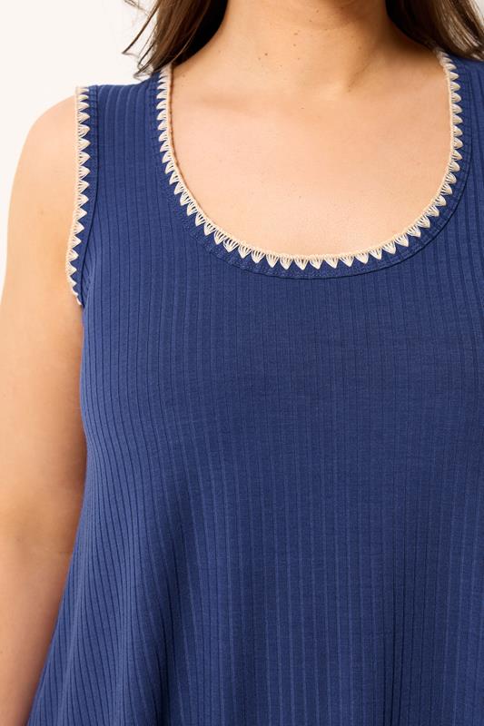 YOURS Plus Size Cobalt Blue Contrast Blanket Stitch Ribbed Vest Top | Yours Clothing 4