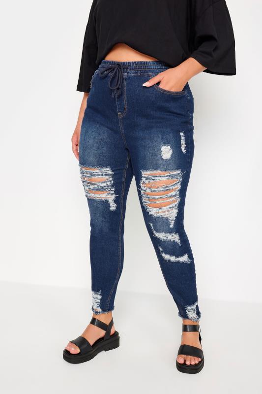 Plus Size  YOURS Curve Blue Elasticated Waist Ripped Stretch Skinny AVA Jeans
