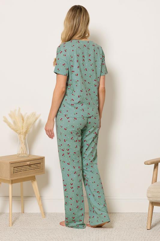 LTS Tall Women's Green Cherry Print Cotton Wide Leg Pyjama Set | Long Tall Sally 2