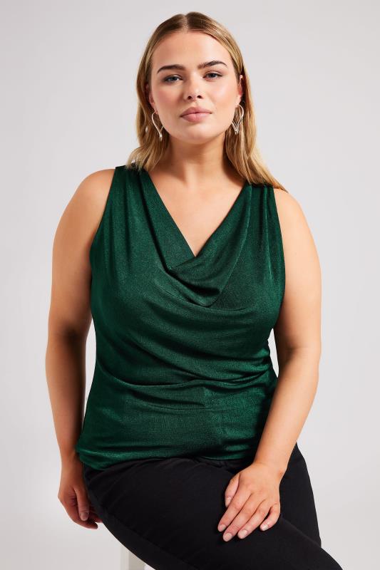 Plus Size  YOURS LONDON Curve Green Metallic Cowl Neck Top