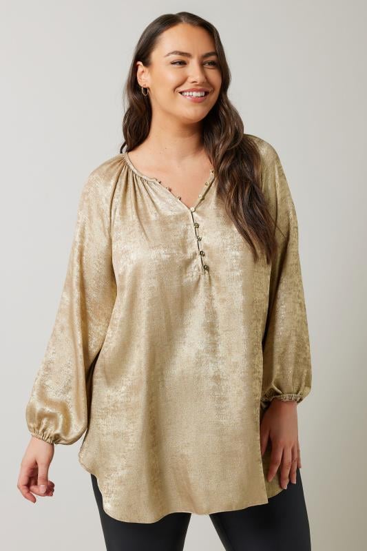 Plus Size  EVANS Curve Gold Satin Long Sleeve Blouse