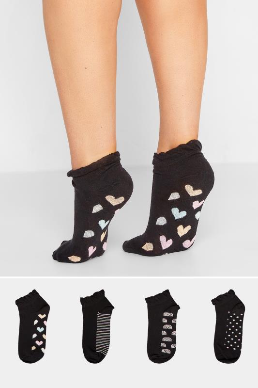 Plus Size  4 PACK Black Mixed Pastel Print Trainer Liner Socks