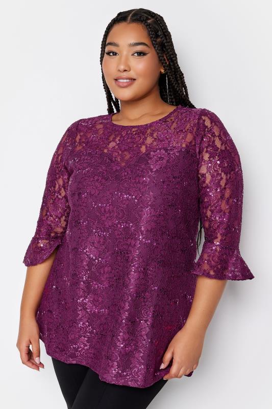  Tallas Grandes YOURS Curve Purple Lace Sequin Embellished Swing Top