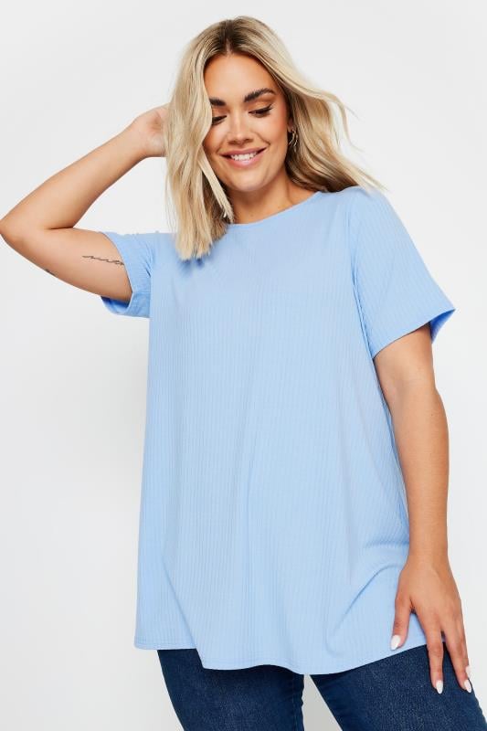 YOURS Plus Size Light Blue Short Sleeve Ribbed T-Shirt | Yours Clothing  1