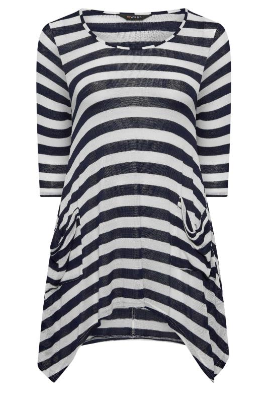 Curve Plus Size Navy Blue & White Stripey Hanky Hem Knit Top | Yours Clothing  6