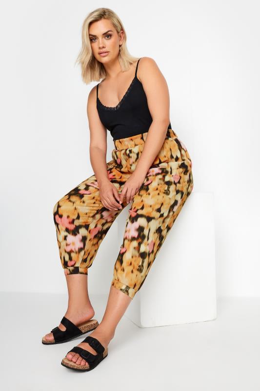 YOURS Plus Size Orange Floral Print Textured Cropped Harem Trousers | Yours Clothing 2