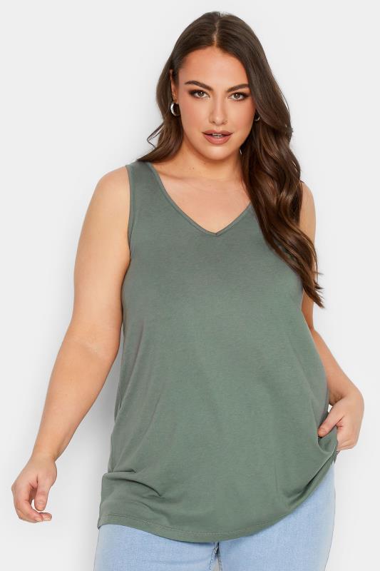 YOURS Plus Size Curve Khaki Green Bar Back Vest Top | Yours Clothing  1