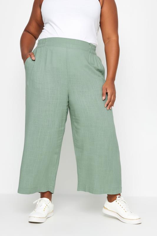  Tallas Grandes YOURS Curve Sage Green Wide Leg Cropped Linen Trousers
