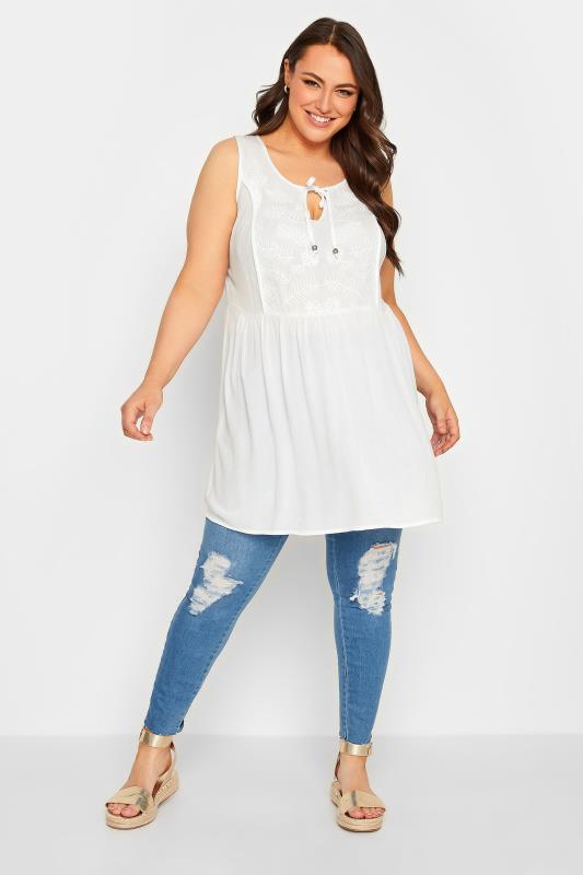 YOURS Plus Size White Embroidered Peplum Vest Top | Yours Clothing 2