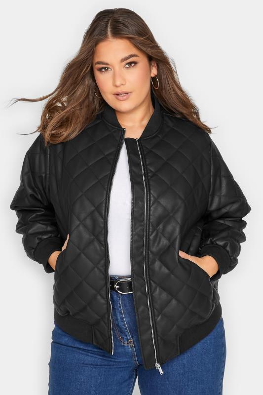 Plus Size  YOURS Curve Black Quilted Faux Leather Bomber Jacket
